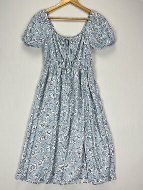 Free For All Floral Midi Dress Women’s Size XS Blue & White Cinched Waist Puff